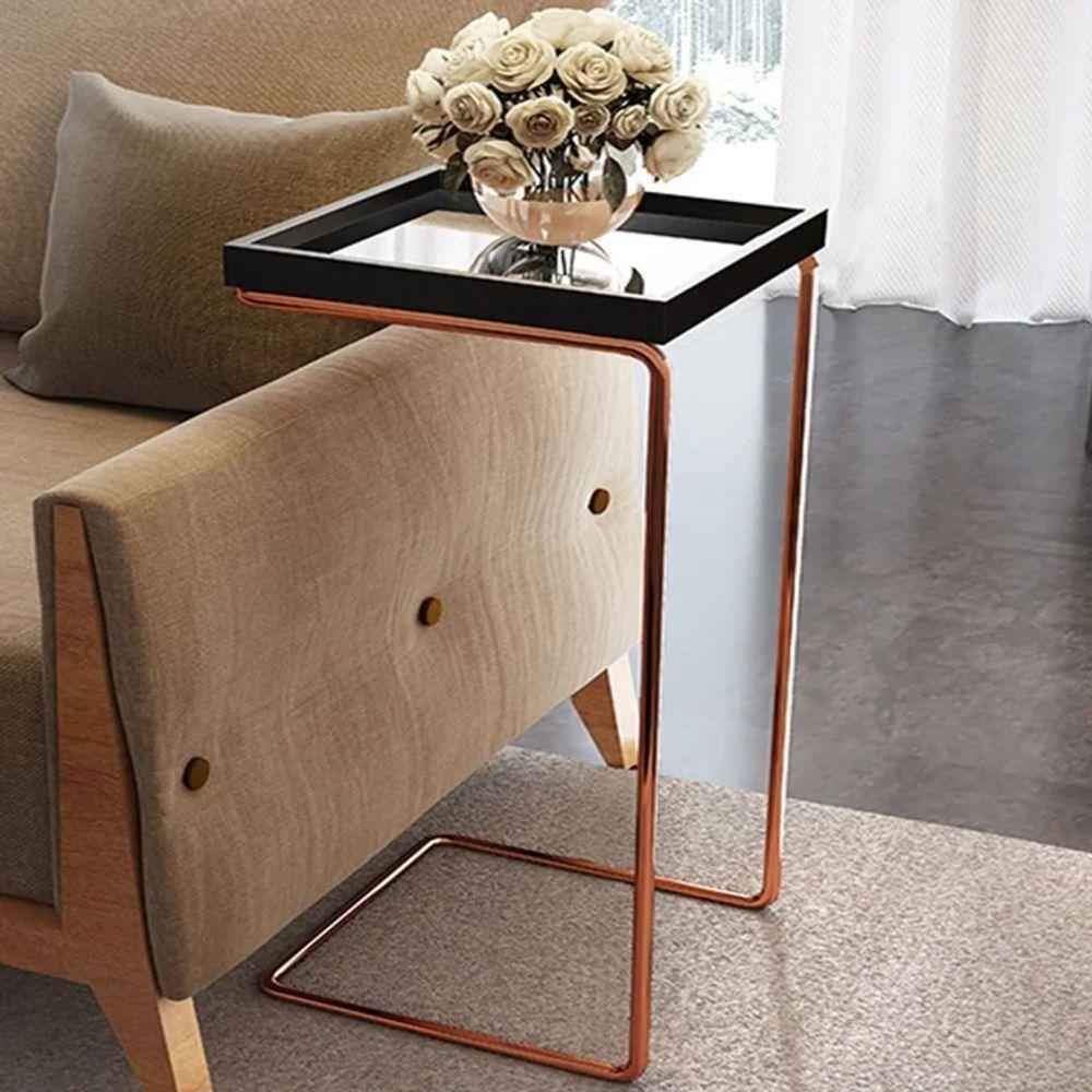Mesa De Apoio Para Sofa Bandeja Espelhada Laca Preta Base Bronze Preto - 1