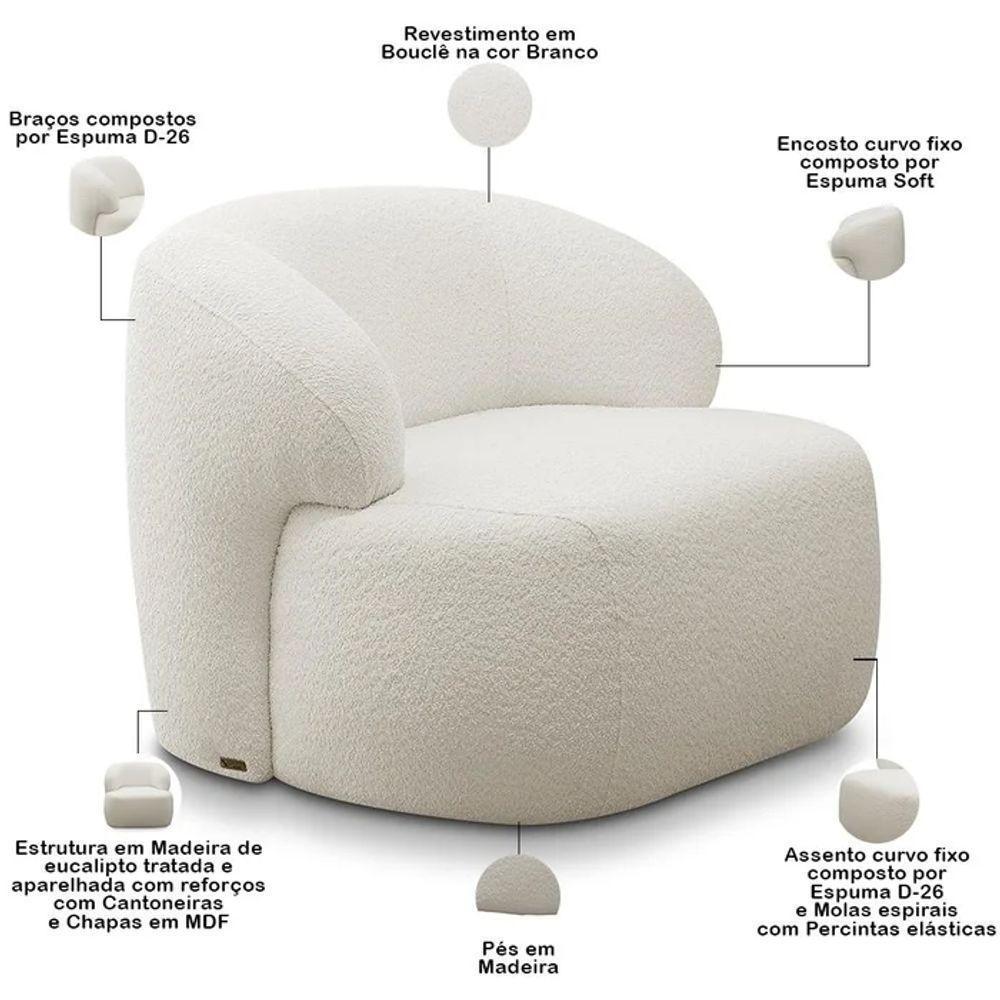 Poltrona Decorativa Fixa Orgânica Para Sala Living Barolo L06 Bouclê Branco - Gtdnexxus Branco - 3