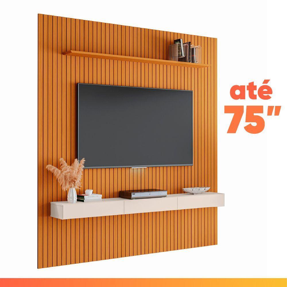 Painel Para Tv Até 75 Polegadas 2,25x2,40m Ripado Com Nicho Arbo Cedro/off White Edn Nature - 2