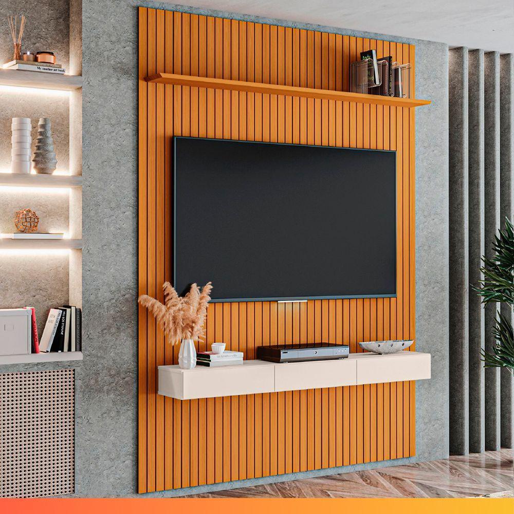 Painel Para Tv Até 55 Polegadas 1,35x2,40m Ripado Com Nicho Arbo Cedro/off White Edn Nature - 1