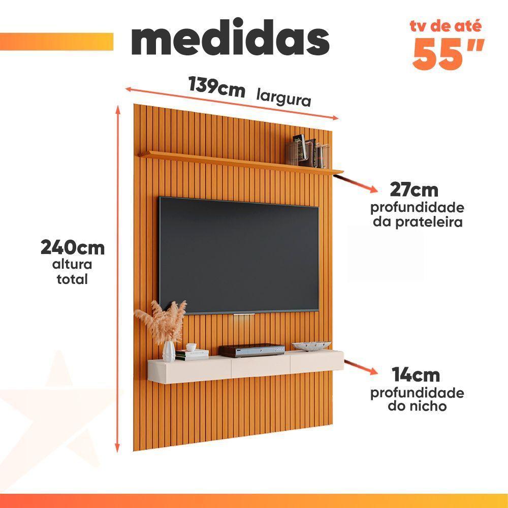 Painel Para Tv Até 55 Polegadas 1,35x2,40m Ripado Com Nicho Arbo Cedro/off White Edn Nature - 3