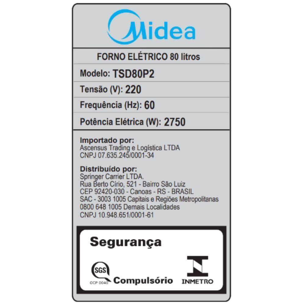 Forno Elétrico de Embutir 80L Digital com Air Fryer Midea TSD80P2 - 220V - 6