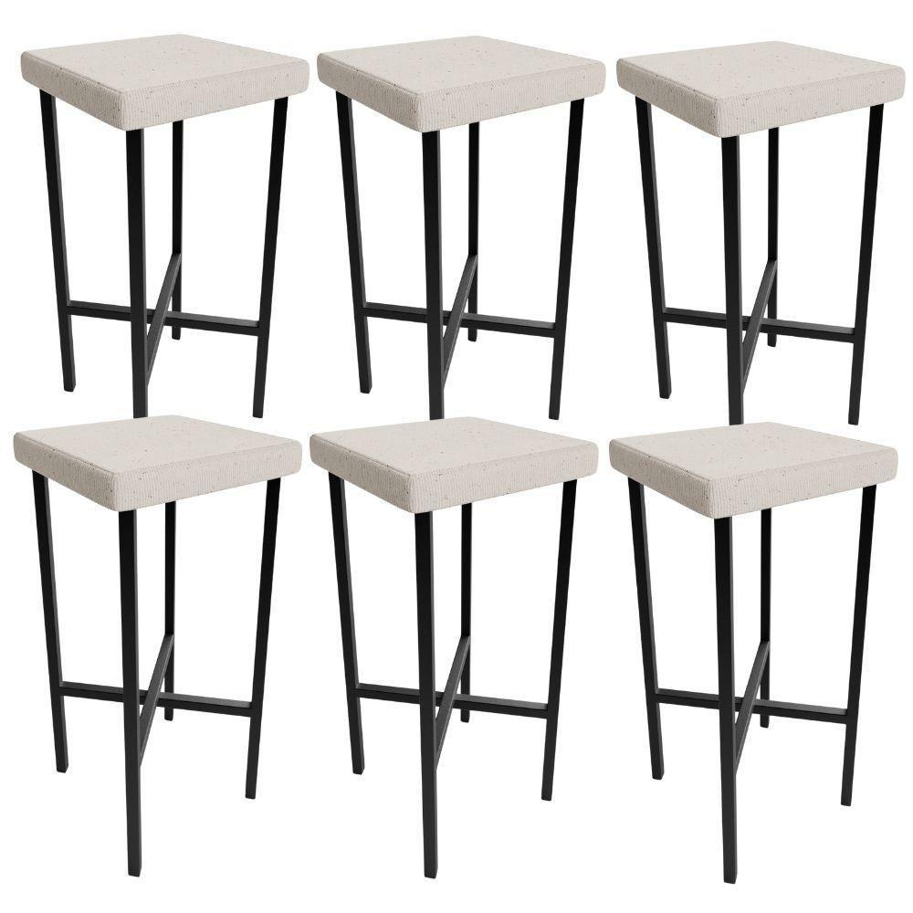 Kit 06 Banquetas Alta Bar Cozinha Sala De Jantar Preto Stella L02 Linho Cru - Lyam Decor - 1