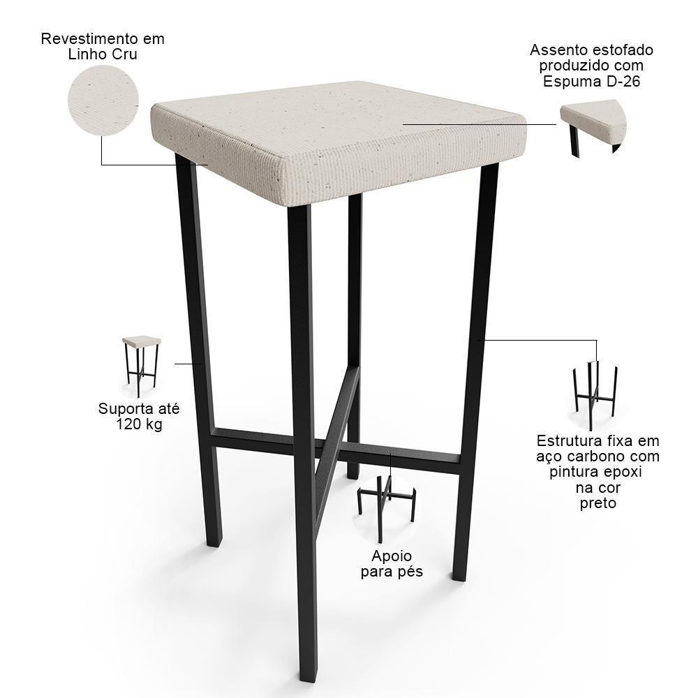 Kit 06 Banquetas Alta Bar Cozinha Sala De Jantar Preto Stella L02 Linho Cru - Lyam Decor - 4