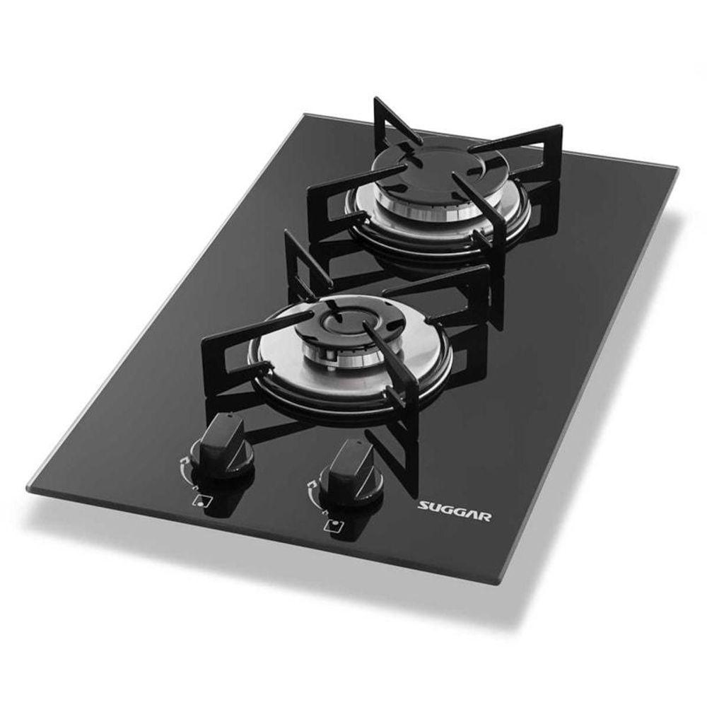 Fogão De Mesa Cooktop 2 Bocas Vidro Preto À Gás Suggar FG2002VP Bivolt - 1