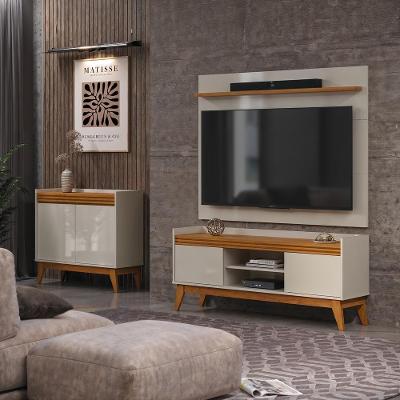 Conjunto Sala de Estar Buffet 2 Portas e Rack com Painel Ripado 136cm Vianossa Off White/Cedro
