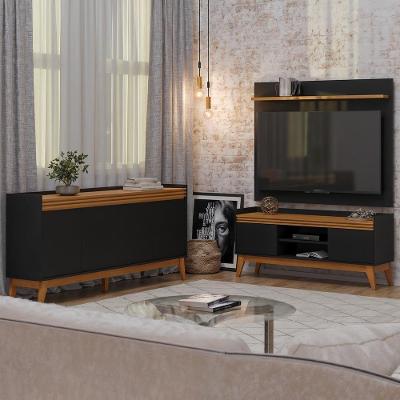 Conjunto Sala de Estar Buffet 4 Portas e Rack com Painel Ripado 136cm Vianossa Preto/Cedro