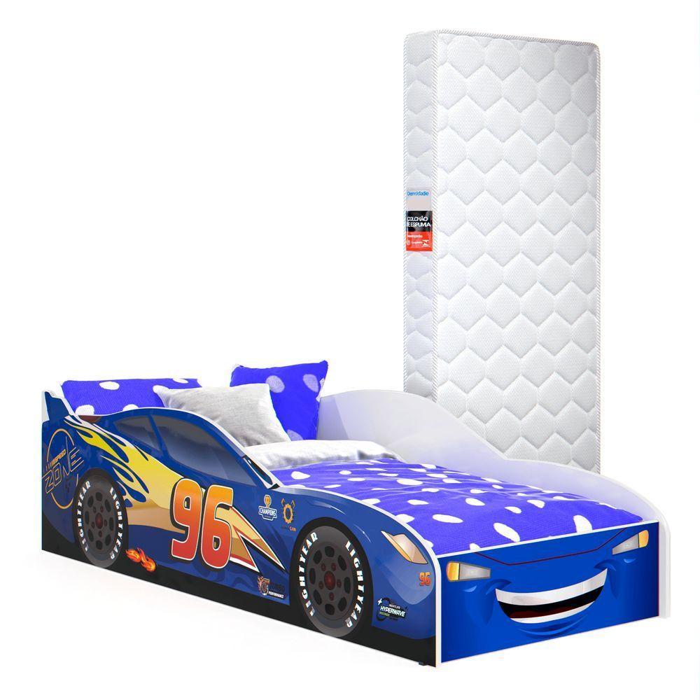 Cama Infantil Carro Com Grade Proteção E Colchão Azul - 1