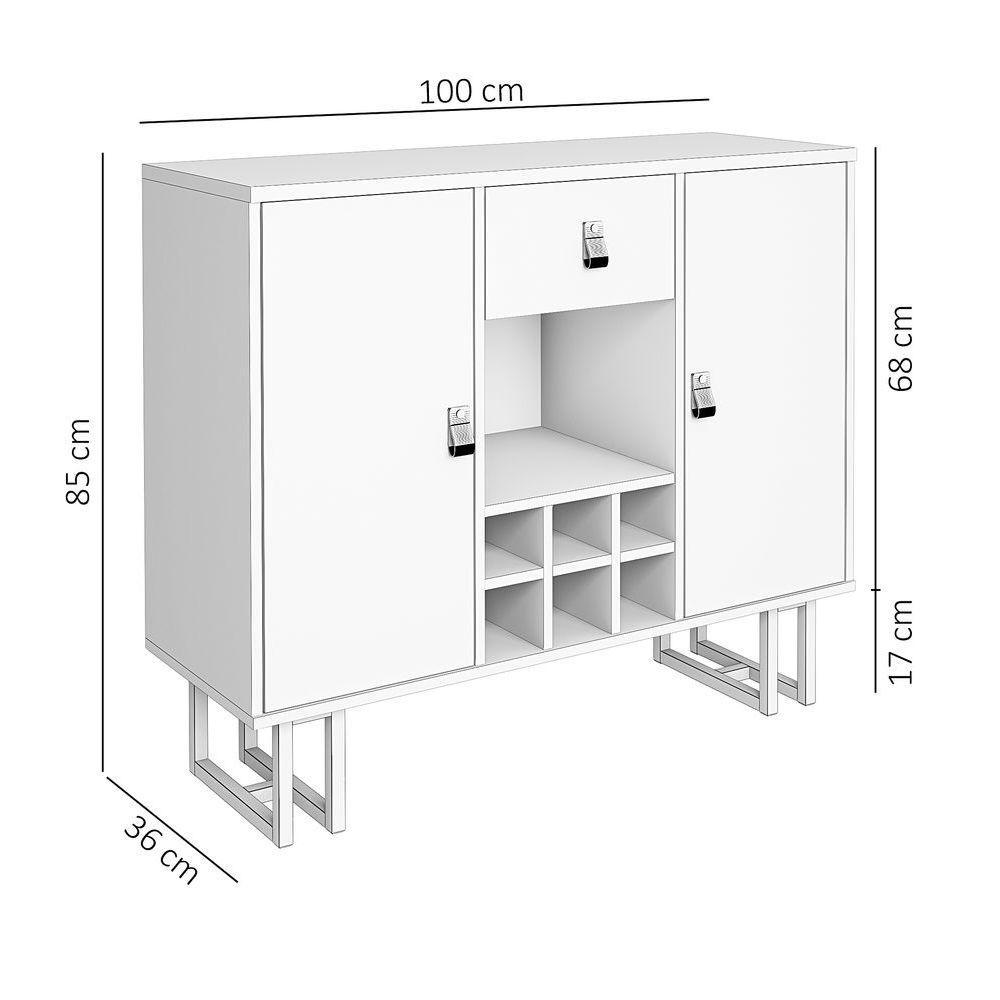 Buffet Com Adega E Nichos Branco Pés Metálicos Preto Moderno - 2
