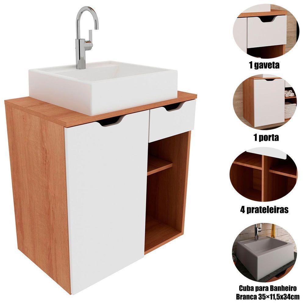 Gabinete De Banheiro 60 Cm 1 Porta Com Cuba Romana Amêndoa/branco - 2