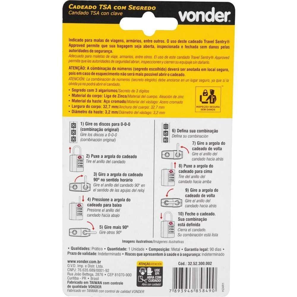 Cadeado Com Segredo 3 Algarismo Tsa Prata Vonder - 6