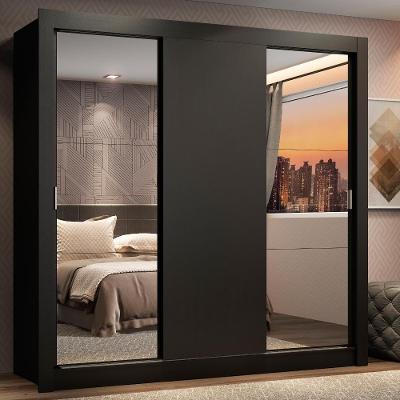 Guarda Roupa Casal Lyon 3 Portas de Correr 2 Gavetas Preto MDP Madesa