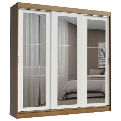 Guarda Roupa Casal 3 Portas de Correr Kansas 3 Gavetas Rustic-Branco com Espelho
