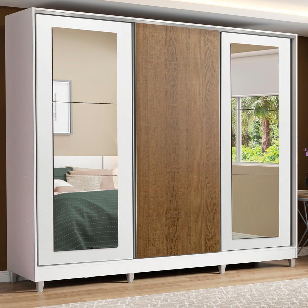 Guarda-roupa Casal Eros 3 Portas de Correr com Espelhos com Pés Madesa  - 1