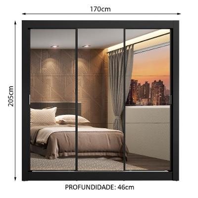 Guarda Roupa Casal Lyon 3 Portas de Correr 2 Gavetas Preto com Espelho Madesa