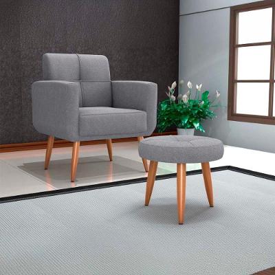 Poltrona Cadeira Com Puff Para Descanço Acabamento Premium Havana Matrix Boucle Cinza