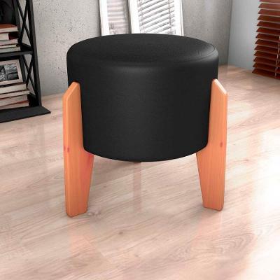 Puff Banqueta Redondo Pés Madeira Luxo Matrix Sintetico Preto