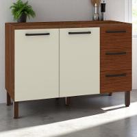 Balcão 2 Portas 3 Gaveteiros 1,20 Ametista Nogueira Off White Ripado - 1