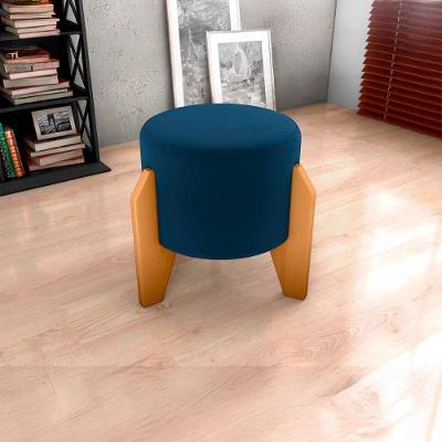 Puff Banqueta Redondo Pés Madeira Luxo Matrix Veludo Azul