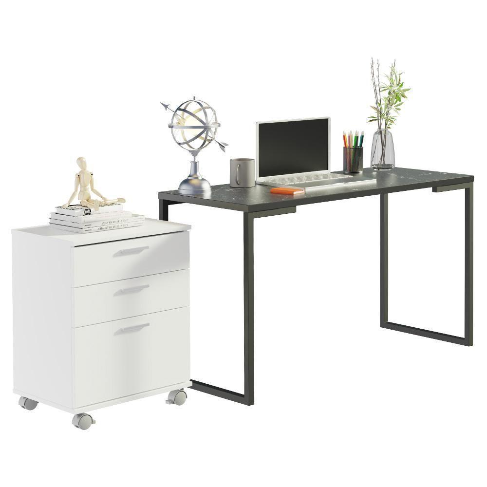 Conjunto Escritório Home Office Com Mesa Industrial + Gaveteiro Branco/preto Madesa Branco/preto - 2