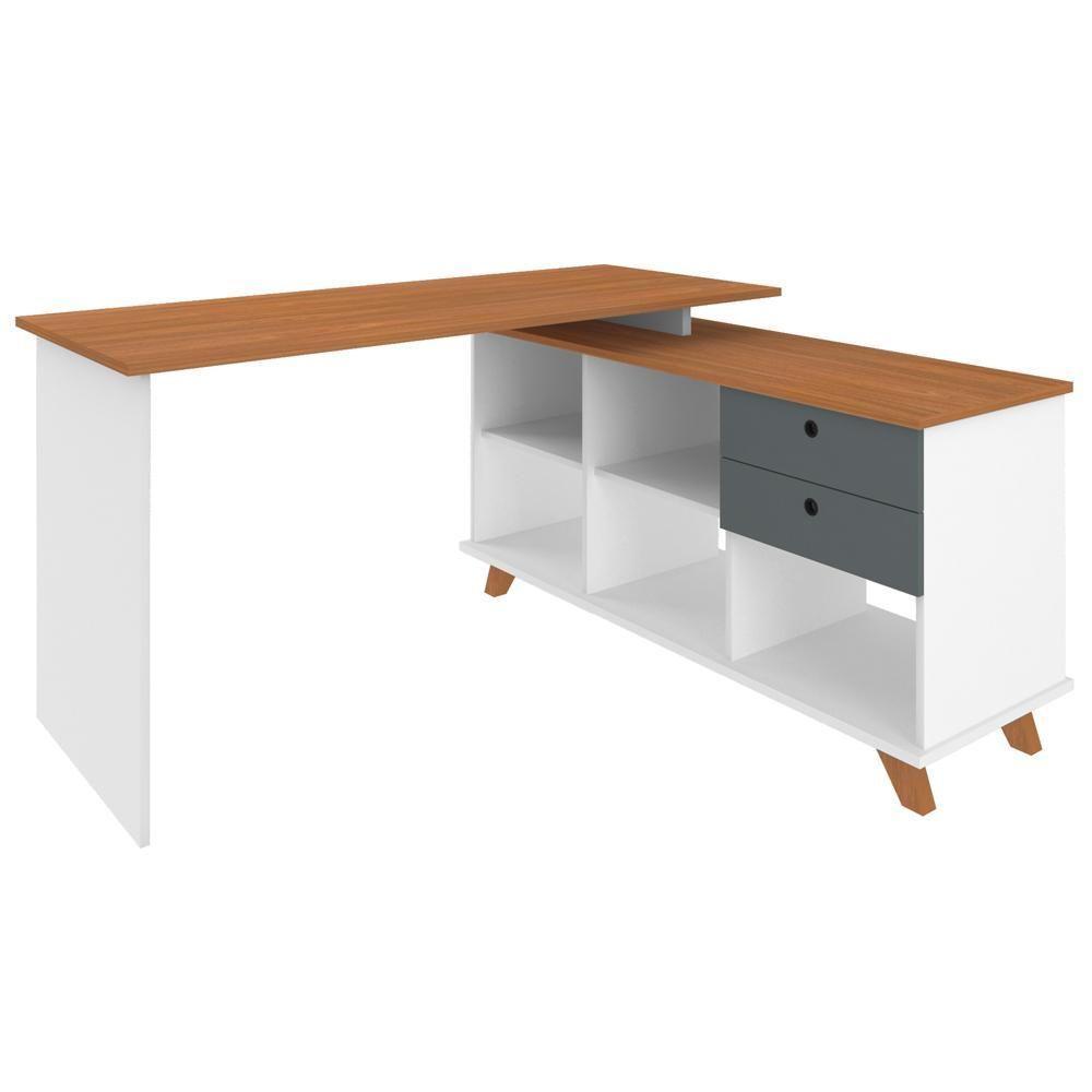 Mesa Para Escritório Home Office Escrivaninha Gold A02 Freijó Grafito Branco - Lyam Decor - 1