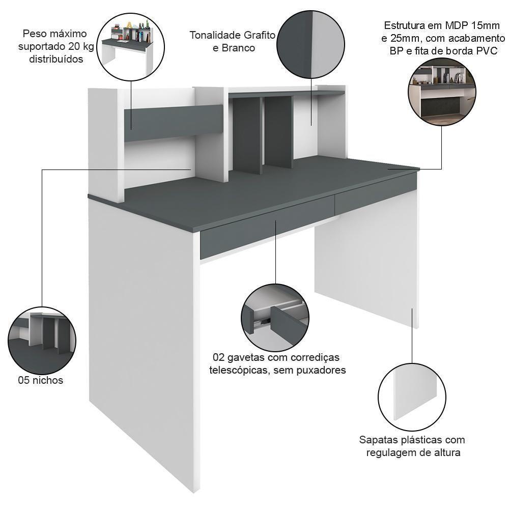 Mesa Para Escritório Escrivaninha Home Office Cefas A02 Grafito Branco - Lyam Decor - 3