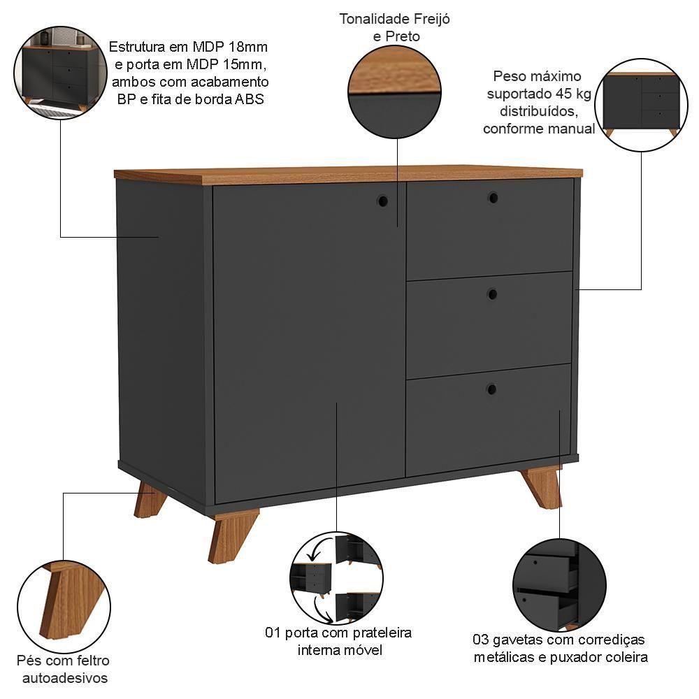 Balcão Para Escritório Home Office Multiuso Lugano A02 Freijó Preto - Lyam Decor - 4