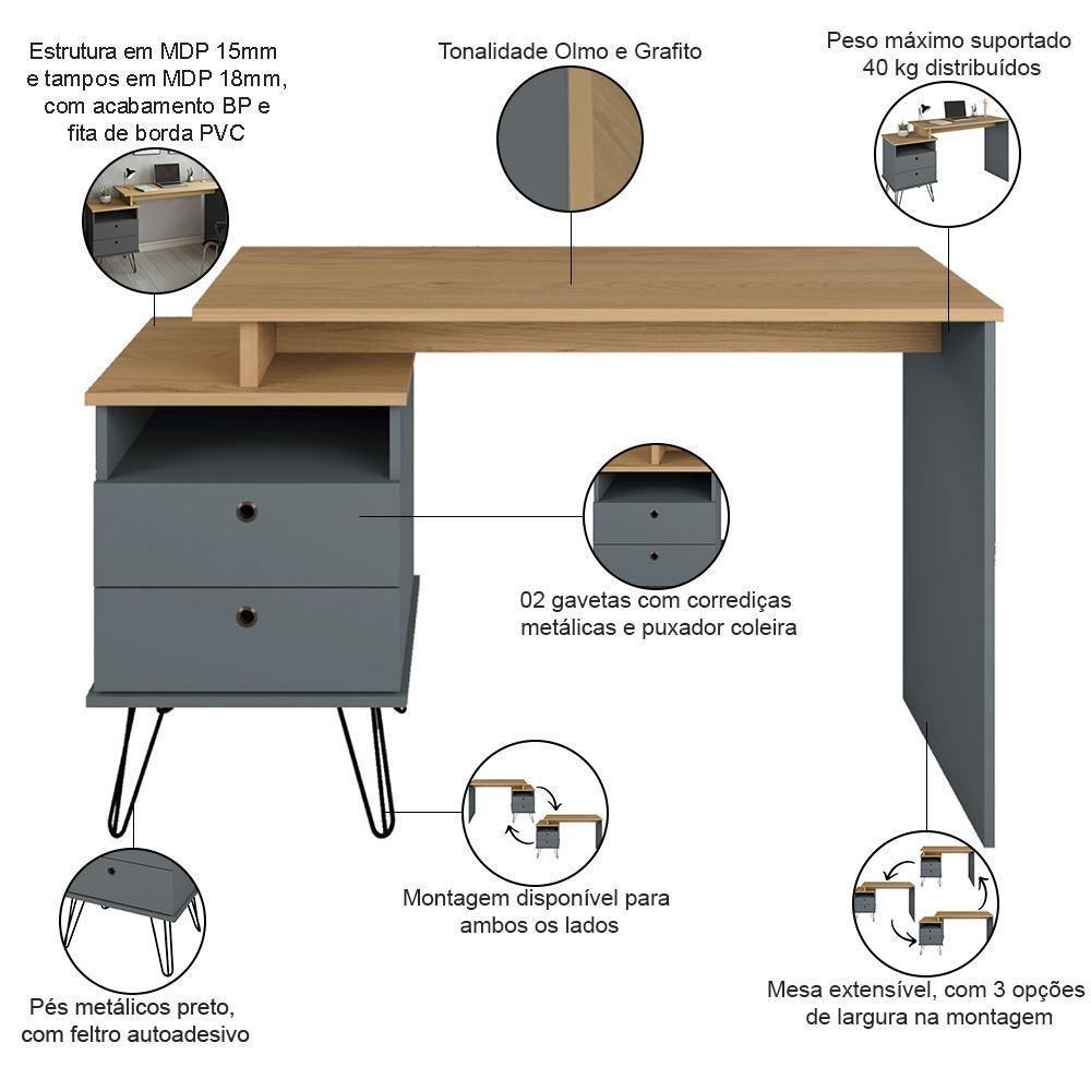 Mesa Para Escritório Escrivaninha Home Office Versa A02 Olmo Grafito - Lyam Decor - 4