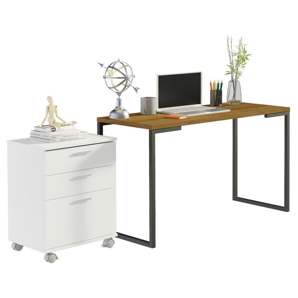 Conjunto Escritório Home Office Com Mesa Industrial + Gaveteiro Rustic/branco Madesa Rustic/branco - 8