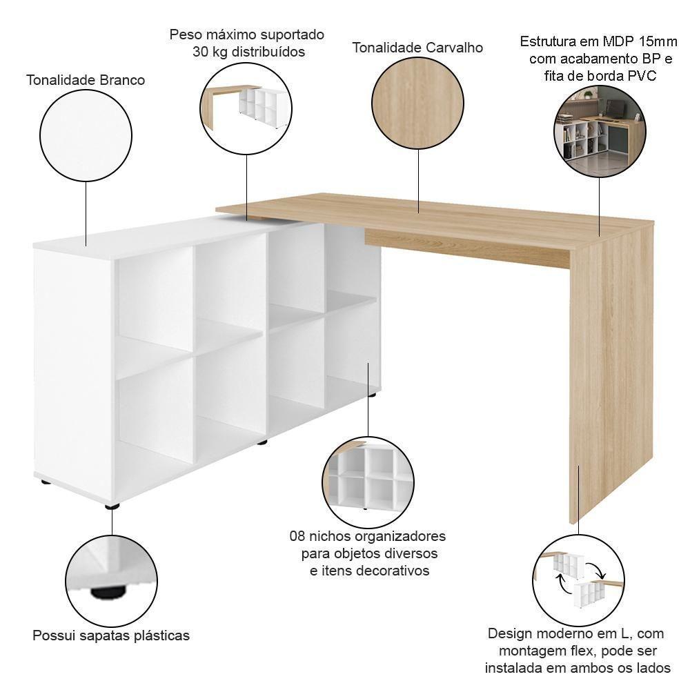 Mesa Para Escritório Escrivaninha Home Office Nero A02 Carvalho Branco - Lyam Decor - 4