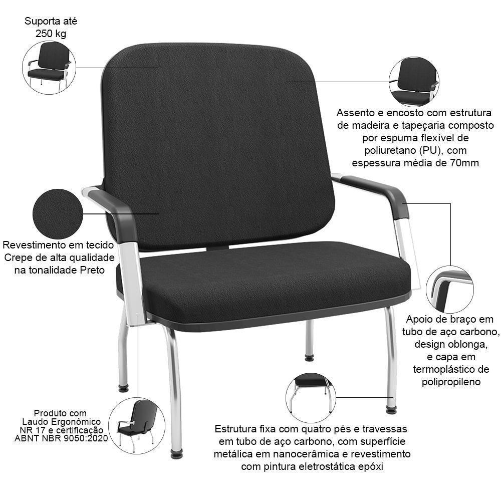 Kit 02 Cadeiras De Escritório Recepção Com Braço Fixa Cromada Magno P03 Crepe Preto - Lyam Decor - 3