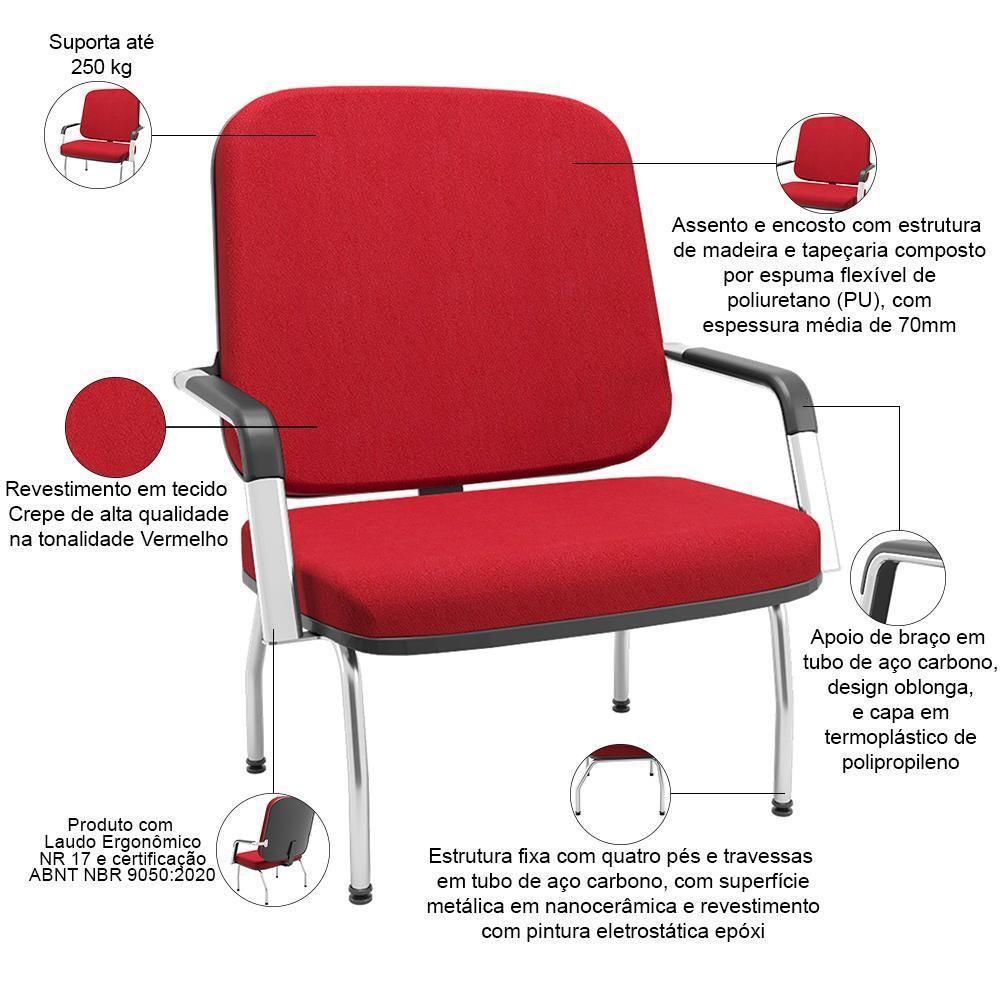 Kit 02 Cadeiras De Escritório Recepção Com Braço Fixa Cromada Magno P03 Crepe Vermelho - Lyam Decor - 3
