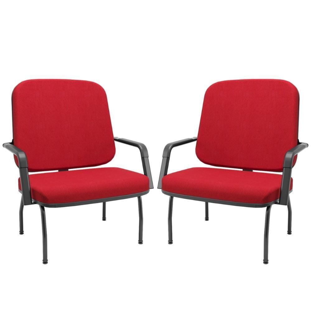 Kit 02 Cadeiras De Escritório Recepção Com Braço Fixa Preta Magno P03 Crepe Vermelho - Lyam Decor - 1