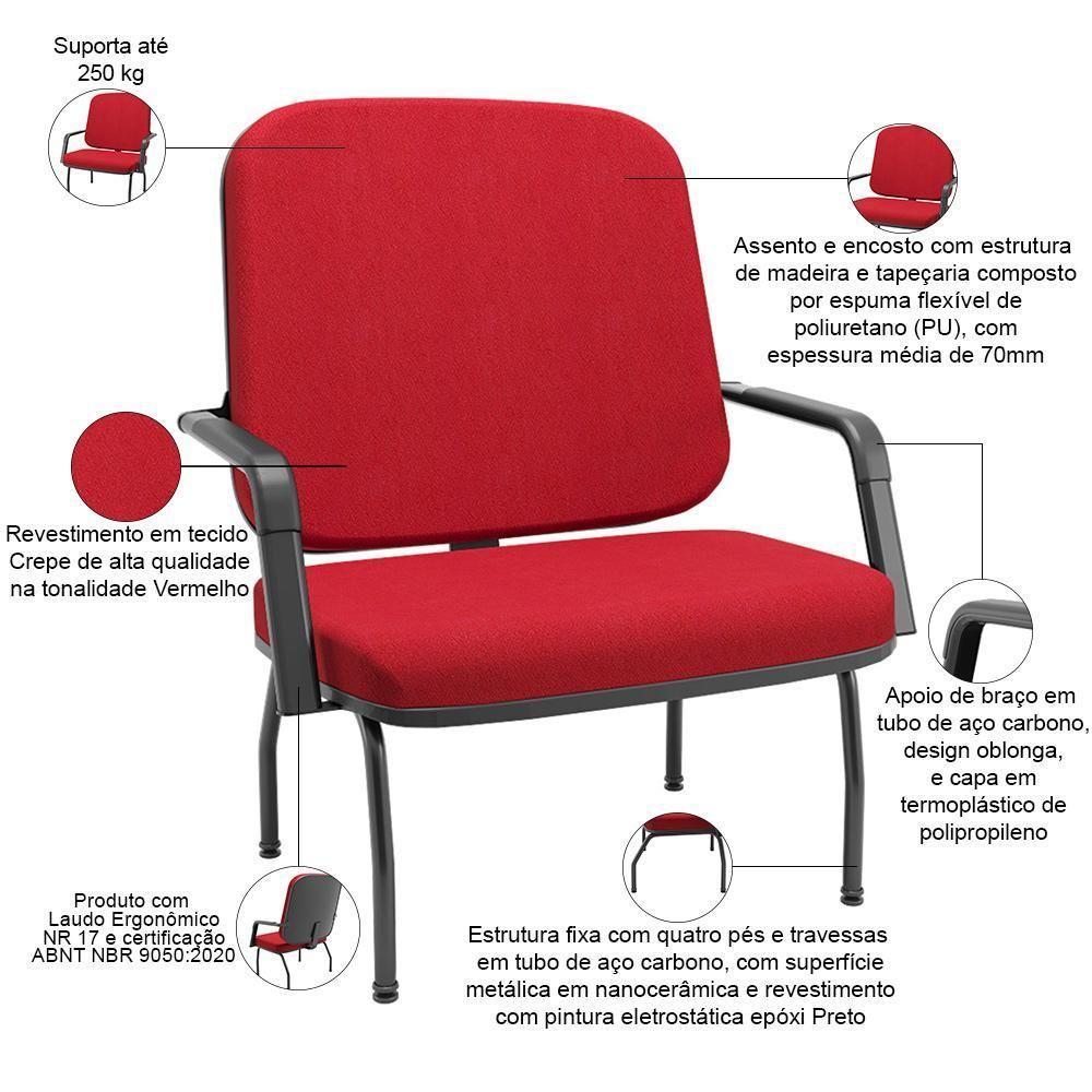 Kit 02 Cadeiras De Escritório Recepção Com Braço Fixa Preta Magno P03 Crepe Vermelho - Lyam Decor - 3