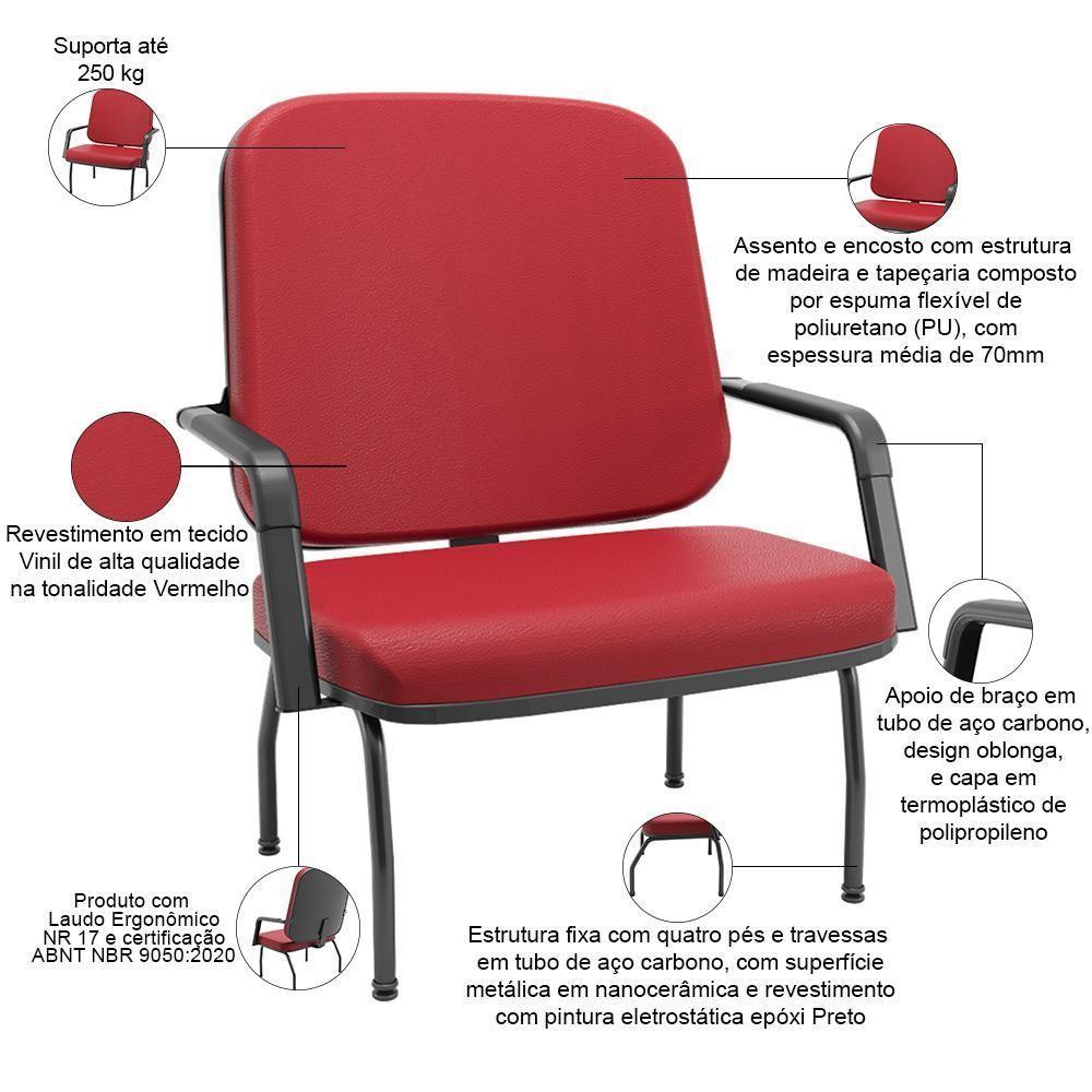 Cadeira De Escritório Recepção Com Braço Fixa Preta Magno P03 Vinil Vermelho - Lyam Decor - 3