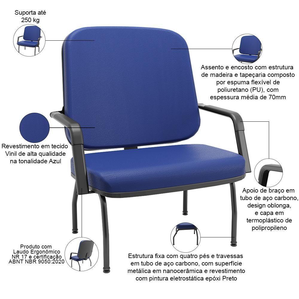 Cadeira De Escritório Recepção Com Braço Fixa Preta Magno P03 Vinil Azul - Lyam Decor - 3