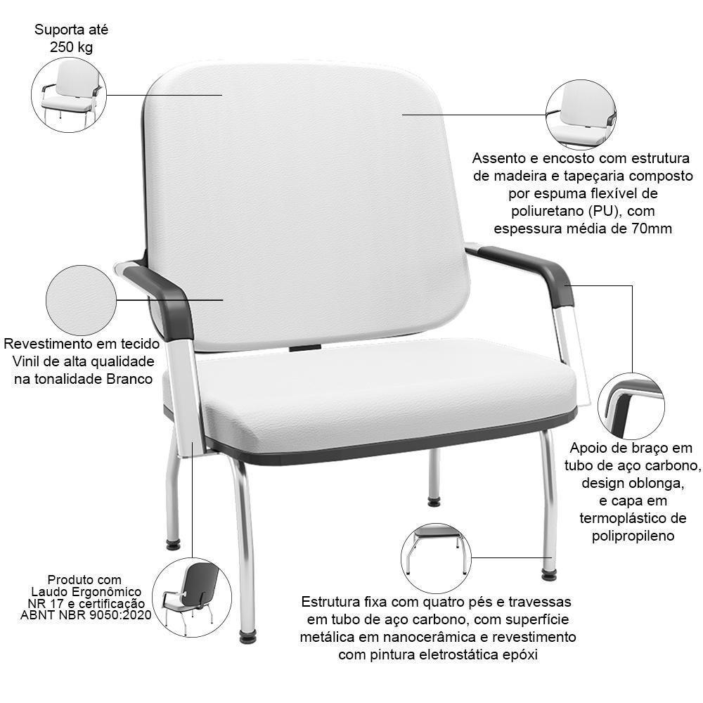 Kit 02 Cadeiras De Escritório Recepção Com Braço Fixa Cromada Magno P03 Vinil Branco - Lyam Decor - 3