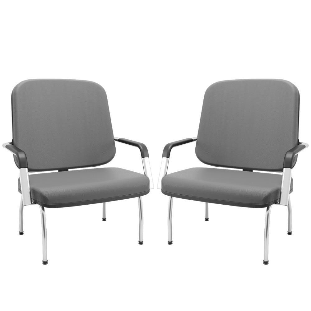 Kit 02 Cadeiras De Escritório Recepção Com Braço Fixa Cromada Magno P03 Vinil Cinza - Lyam Decor - 1