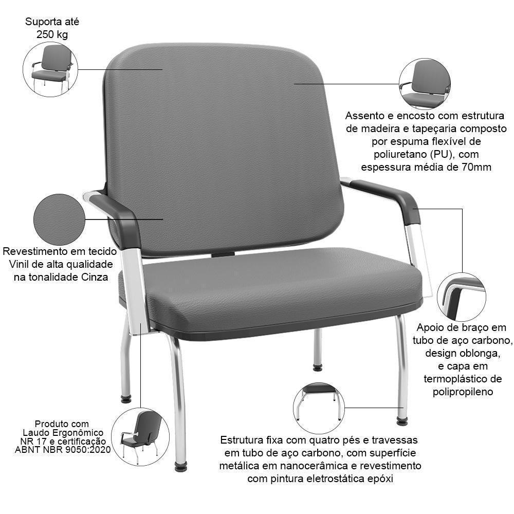 Kit 02 Cadeiras De Escritório Recepção Com Braço Fixa Cromada Magno P03 Vinil Cinza - Lyam Decor - 3