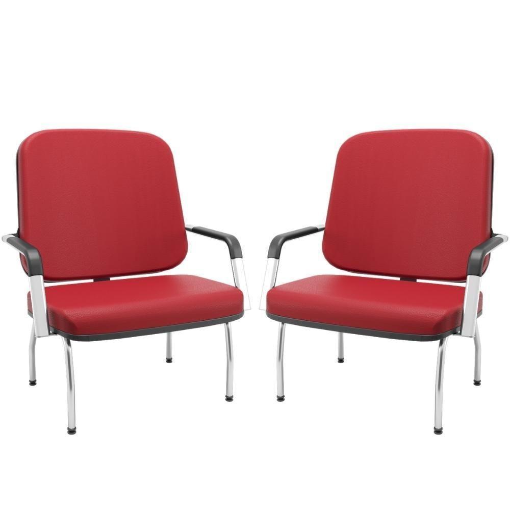 Kit 02 Cadeiras De Escritório Recepção Com Braço Fixa Cromada Magno P03 Vinil Vermelho - Lyam Decor - 1