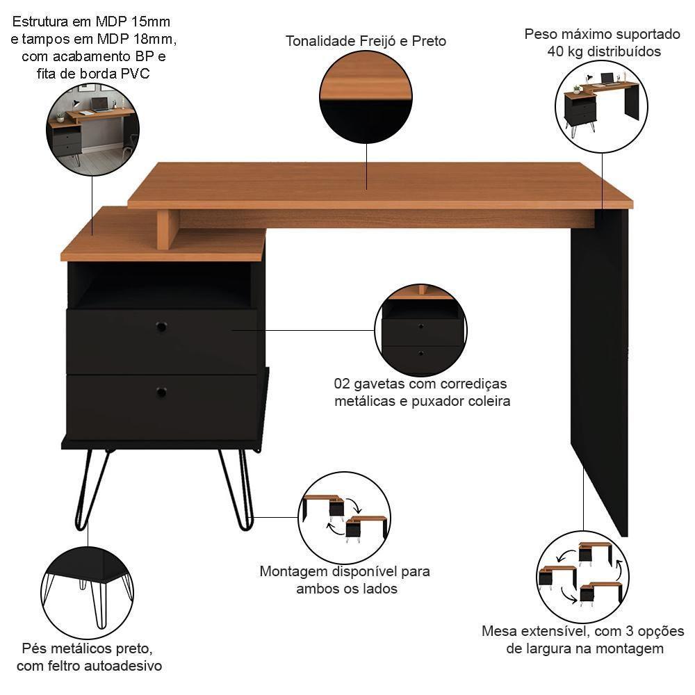 Mesa Para Escritório Escrivaninha Home Office Versa A02 Freijó Preto - Lyam Decor - 4