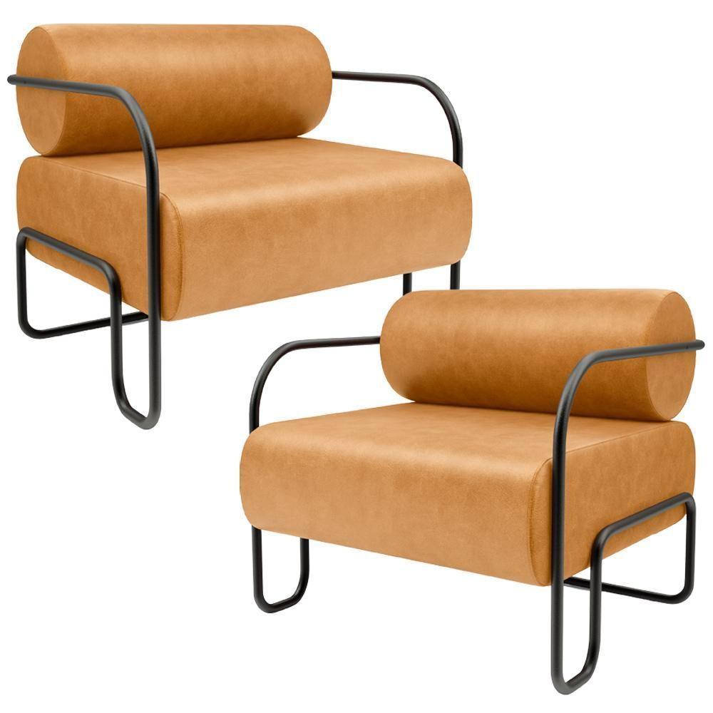 Kit 02 Poltronas Decorativa Pés Industrial Moscou K01 Couríssimo Whisky - Lyam Decor - 1