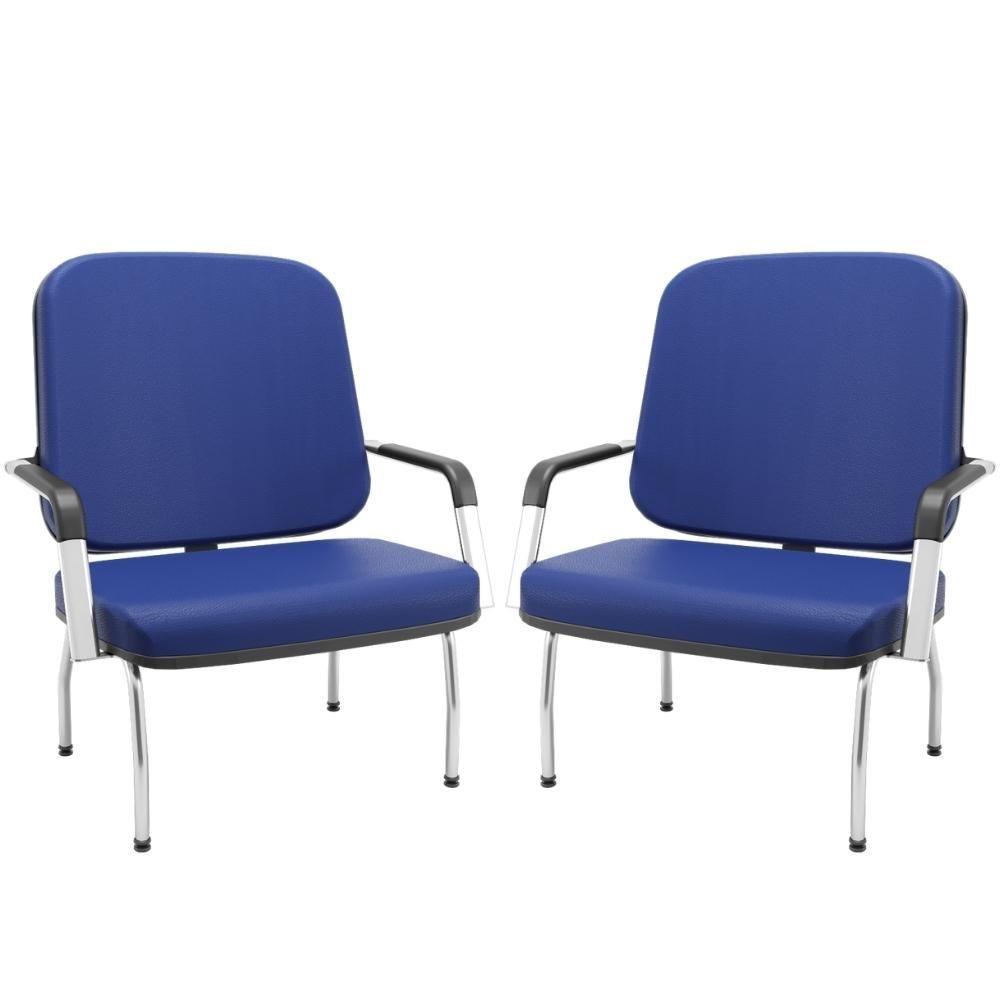 Kit 02 Cadeiras De Escritório Recepção Com Braço Fixa Cromada Magno P03 Vinil Azul - Lyam Decor - 1