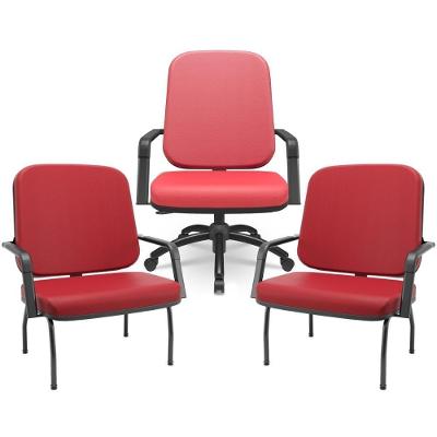 Kit Cadeira De Escritório Giratória E 2 Cadeiras Fixas Preta Magno P03 Vinil Vermelho - Lyam Decor