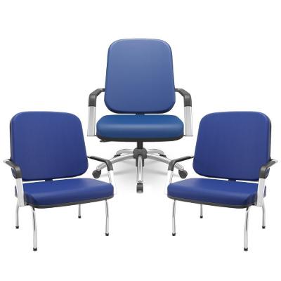 Kit Cadeira De Escritório Giratória E 2 Cadeiras Fixas Cromada Magno P03 Vinil Azul - Lyam Decor