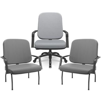 Kit Cadeira De Escritório Giratória E 2 Cadeiras Fixas Preta Magno P03 Vinil Cinza - Lyam Decor