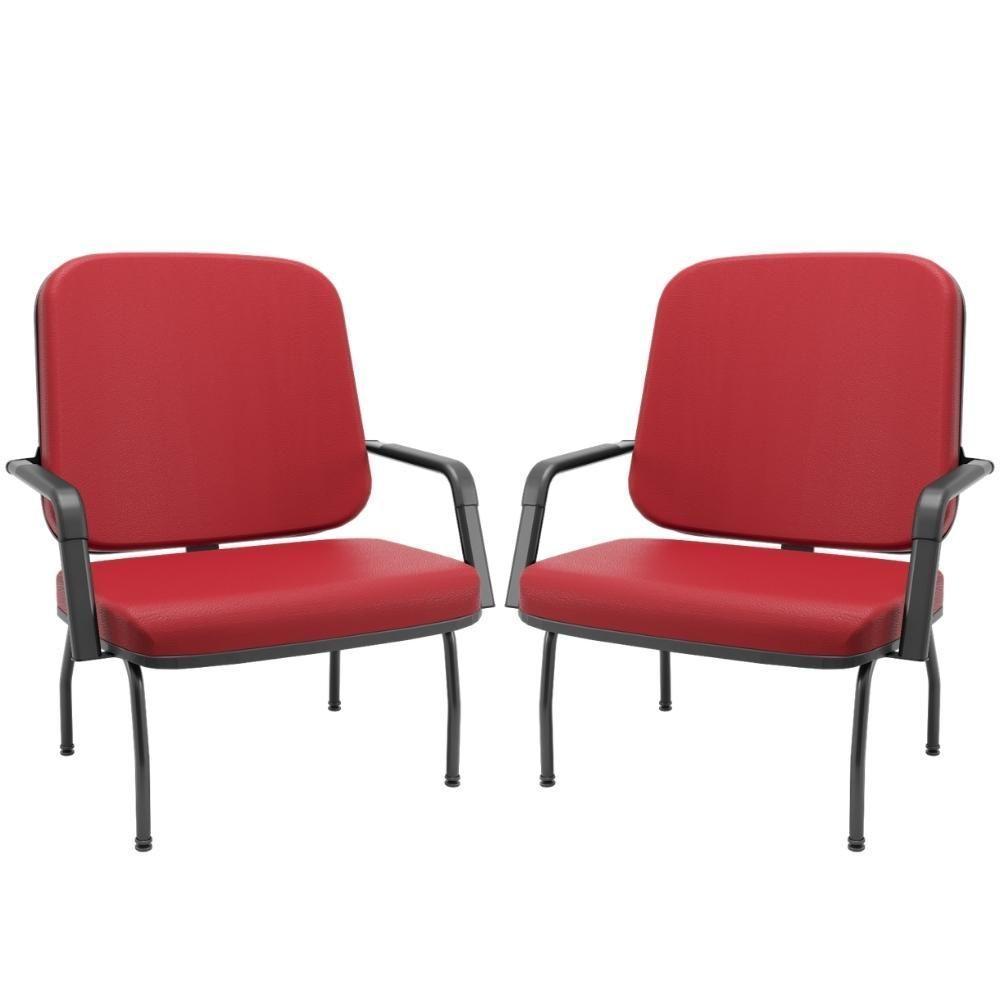 Kit 02 Cadeiras De Escritório Recepção Com Braço Fixa Preta Magno P03 Vinil Vermelho - Lyam Decor - 1