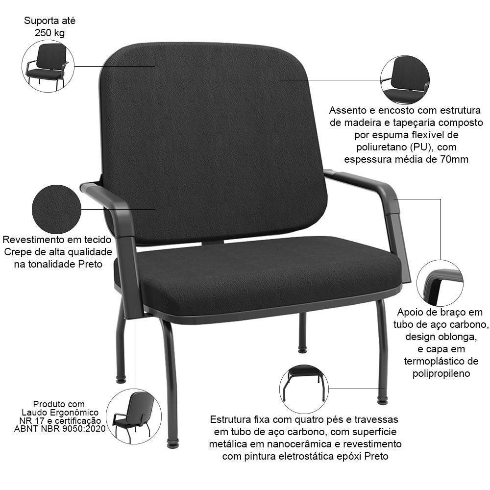 Cadeira De Escritório Recepção Com Braço Fixa Preta Magno P03 Crepe Preto - Lyam Decor - 3