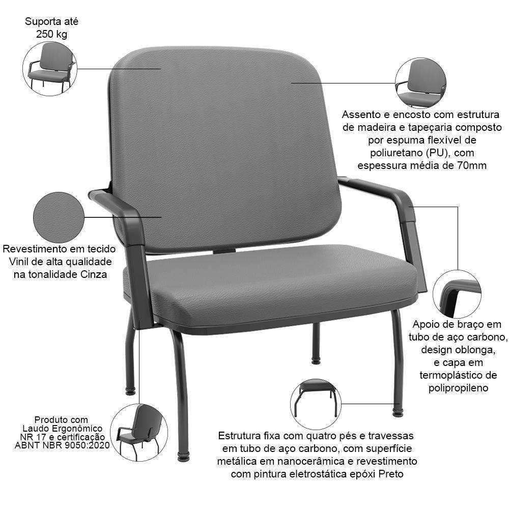 Kit 02 Cadeiras De Escritório Recepção Com Braço Fixa Preta Magno P03 Vinil Cinza - Lyam Decor - 3