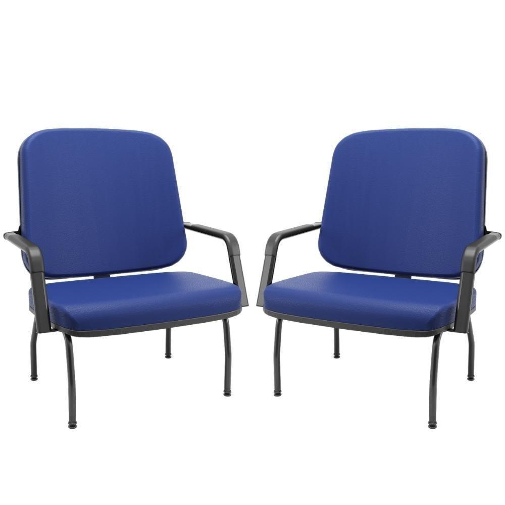 Kit 02 Cadeiras De Escritório Recepção Com Braço Fixa Preta Magno P03 Vinil Azul - Lyam Decor - 1